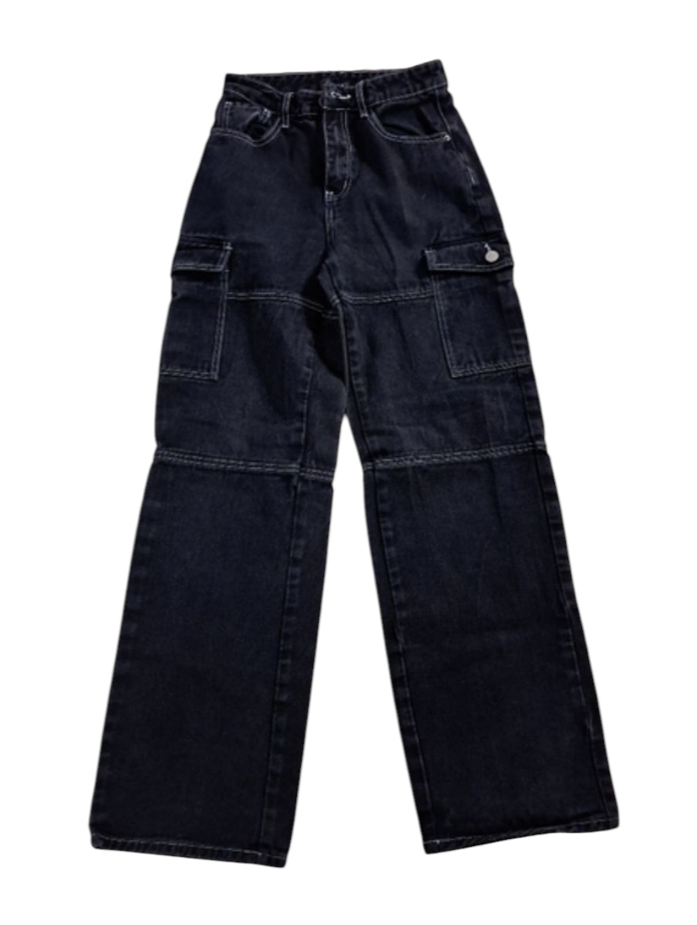 SHEIN Black Stylish Cargo Denim Jeans White Stitch Stonewashed Women's Size XS